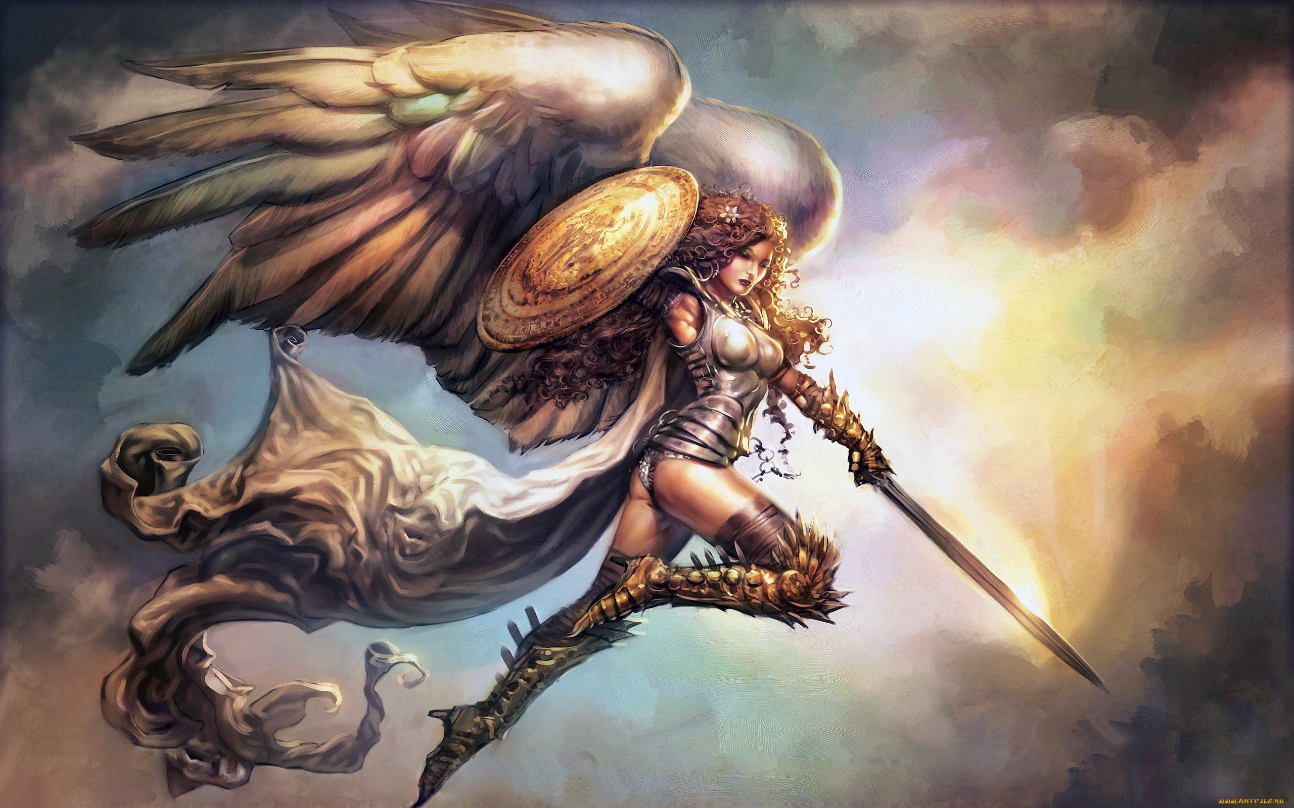 , , girl, cape, artwork, armor, fantasy, curly, hair, shield, wings, sword, art, boots, angel